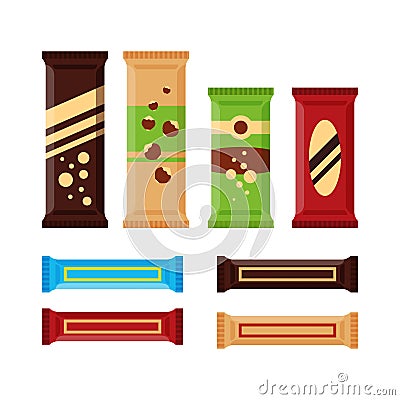 Set of colorful chocolate bars icons isolated on white background. Chocolate product, protein bar for vending machine in Vector Illustration