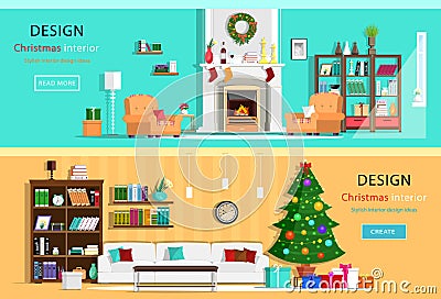 Set of colorful Christmas interior design house rooms with furniture icons. Christmas wreath, Christmas tree, fireplace. Flat styl Vector Illustration