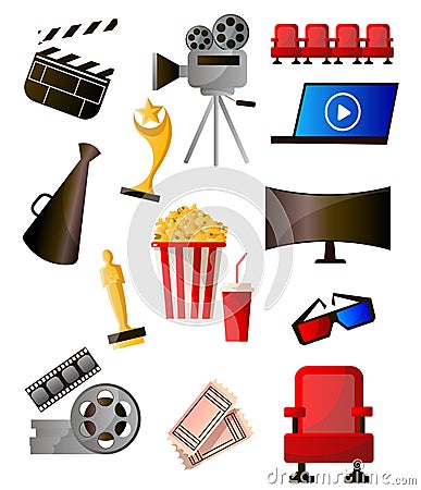 Set of colorful cinema icons different modern object Vector Illustration