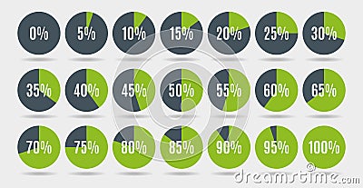 Set of colorful circle percentage diagrams for infographics, 0 5 10 15 20 25 30 35 40 45 50 55 60 65 70 75 80 85 90 95 Vector Illustration