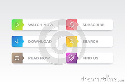 Set of Colorful clean style buttons vector modern material. Different gradient colors and icons on white forms with shadows Vector Illustration