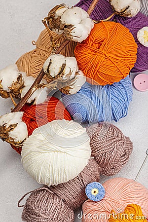 A set of colorful clew of thread for knitting and special craft tools. Handmade, hobby concept Stock Photo