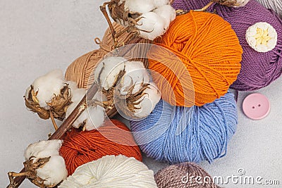 A set of colorful clew of thread for knitting and special craft tools. Handmade, hobby concept Stock Photo