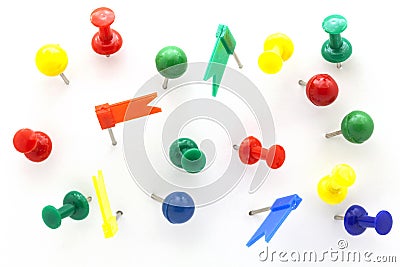 Set of colorful color push pins top view isolated on white background. Stock Photo