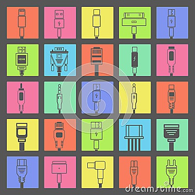 Electric plug, connectors and jack flat line icons set. Collection Connection technology, connector electric power, mobile devices Stock Photo