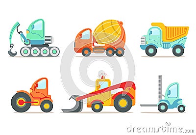 Flat vector set of colorful construction and cargo vehicles. Concrete mixing truck, large dumper, excavator, road Vector Illustration