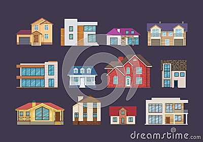 Set of colorful country houses, cottages, holiday mansions, hotels, guesthouse. Vector Illustration