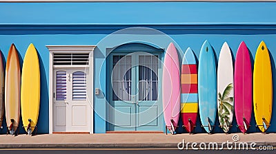 set of colorful creative surfing board standing by vibrant wall, surfing wallpaper, generative AI Stock Photo