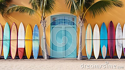 set of colorful creative surfing board standing by vibrant wall, surfing wallpaper, generative AI Stock Photo
