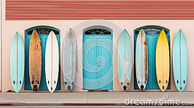 set of colorful creative surfing board standing by vibrant wall, surfing wallpaper, generative AI Stock Photo