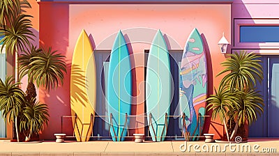 set of colorful creative surfing board standing by vibrant wall, surfing wallpaper, generative AI Stock Photo