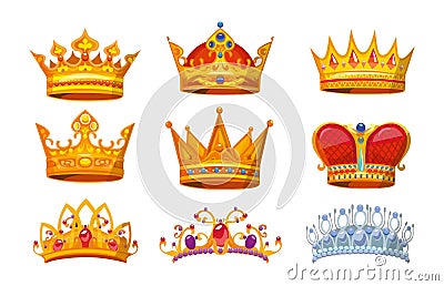 Set of colorful crowns in cartoon style. Royal crowns from gold for king, queen and princess.Crown awards collection for winners Vector Illustration
