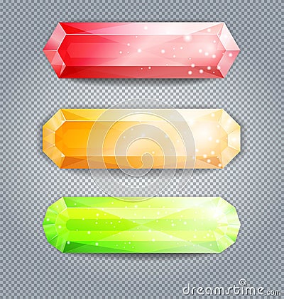 Set of colorful crystal buttons, isolated on transparent background. Vector Illustration