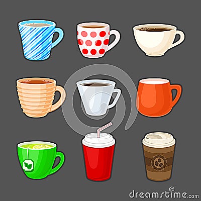 Set of colorful cups with different drinks. Vector Illustration