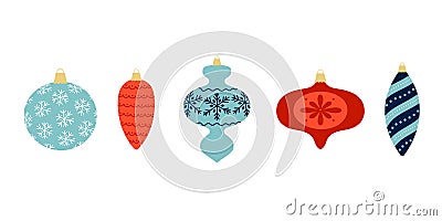 Set of colorful decorated Christmas balls of various shapes. Template for winter festive design. Vector Illustration