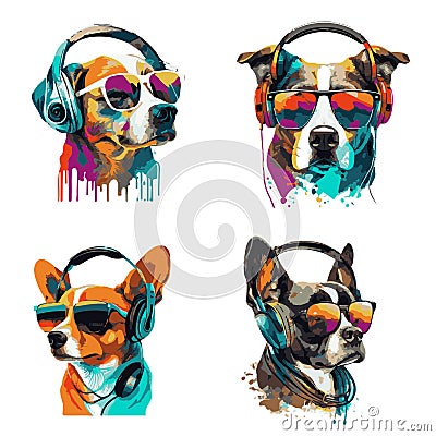 Set of colorful dogs wearing headphones listening to music. Vector illustration Cartoon Illustration