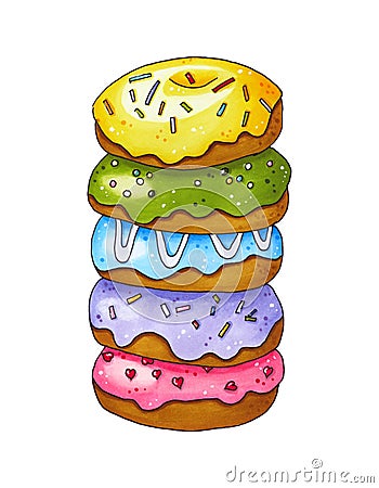 Set of colorful donut. Hand drawn marker illustration. Cartoon Illustration