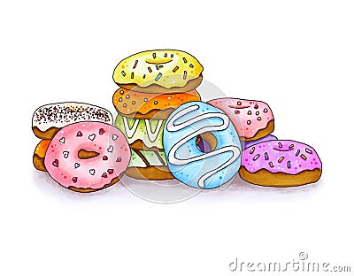 Set of colorful donut. Hand drawn marker illustration. Cartoon Illustration
