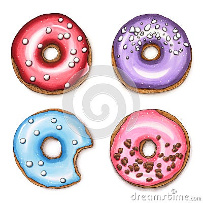 Set of colorful donuts. Hand drawn marker illustration. Cartoon Illustration