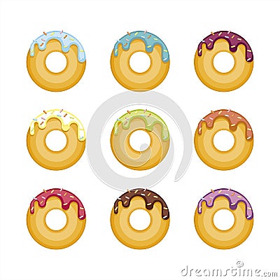 Set of colorful donuts isolated on white background. Top View Donuts collection in bright glaze Vector Illustration