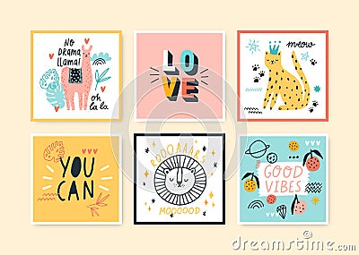 Set of colorful doodle cards vector flat illustration. Collection of postcards with cute exotic animals, plants, fruits Vector Illustration