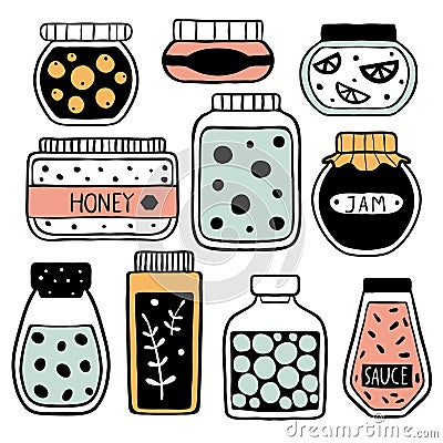 Set of colorful doodle jars Vector Illustration