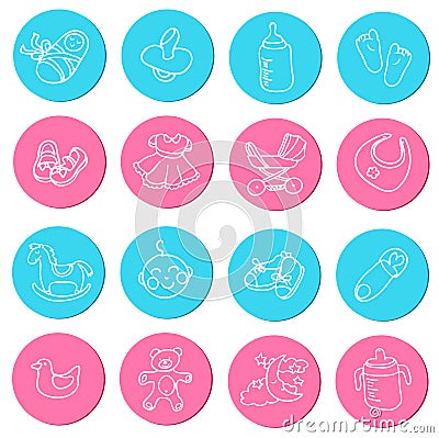 Set of colorful doodles icons about baby goods Vector Illustration