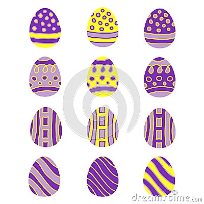 Set of colorful Easter eggs isolated on white background. Set of painted Easter eggs for party, celebration, greeting Vector Illustration