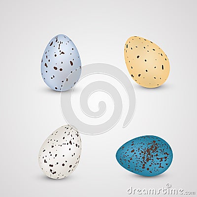 Set of colorful Easter eggs with spots isolated on white background. Paschal eggs. Easter collection. 3D Quail Egg Vector Illustration