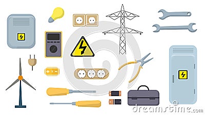 Set of colorful electricity tools in a cartoon style. Vector illustration of transformers, sockets, screwdrivers, electric poles, Vector Illustration