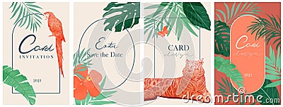 Set of colorful exotic cards, covers, invitations. Tropical leaves, flowers, butterfly, parrot, tiger. Trendy style Vector Illustration