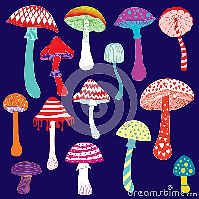 Set of colorful fantasy mushrooms illustration Vector Illustration