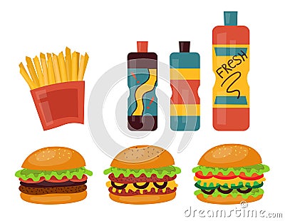 Set Of Colorful Fast Food Icons Isolated On The White Background. Three Types Of Burgers, Sauces And French Fries Vector Illustration