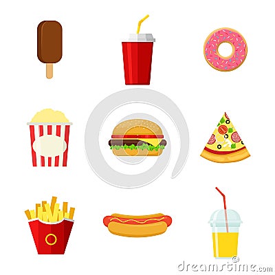 Set colorful Fast food icons on white background. Vector Illustration