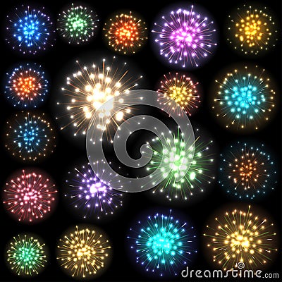 Set of colorful fireworks. Vector illustration. Vector Illustration