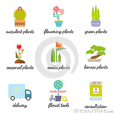 Set of colorful flat icons for Flower or Florist shop. Vector Illustration