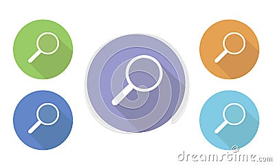 Set of colorful flat illustrations of circular icons and search buttons with a magnify Vector Illustration