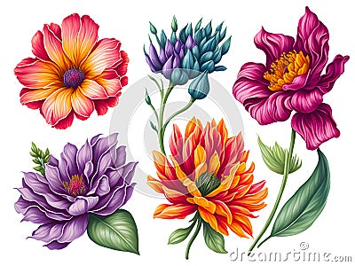 set of colorful flower vibrant watercolor,generative ai Stock Photo