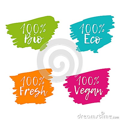 Set of colorful Food Badges. 100% Bio, Eco, Vegan, Fresh. Vector Illustration