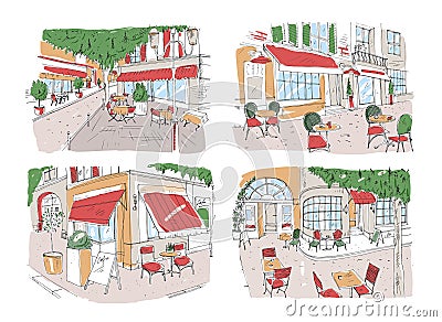 Set of colorful freehand drawings of sidewalk cafe or restaurant on city street. Colored sketches of tables and chairs Vector Illustration