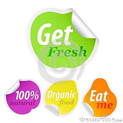 Set of colorful fruit advertising stickers. Vector Illustration