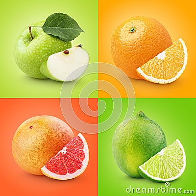 Set of colorful fruits - apple, orange, grapefruit, lime Stock Photo