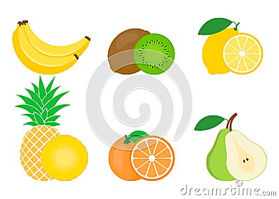 Set of colorful fruits icon: orange, pear, banana, lemon, pineapple, Kiwi. Vector illustration isolated on white Vector Illustration