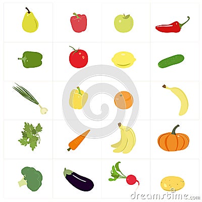 Set of colorful fruits and vegetables. Vector Illustration