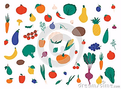 Set of colorful fruits and vegetables. Vector illustrations Vector Illustration
