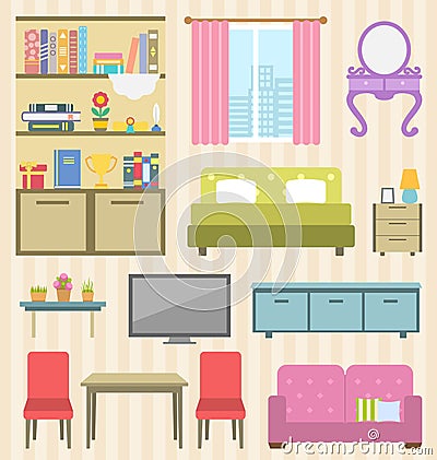 Set of Colorful Furniture of Room for Your Interior of Apartment Vector Illustration