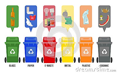 Set of colorful garbage cans with sorted garbage on white background. Vector Illustration