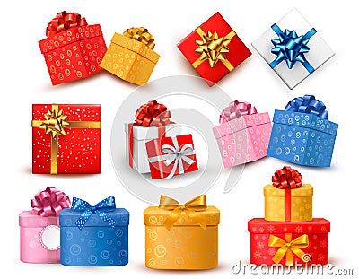 Set of colorful gift boxes with bows and ribbons. Vector Illustration