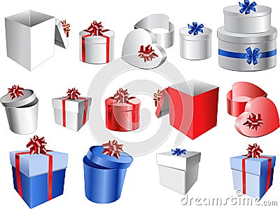 Set of colorful gift boxes with bows and ribbons. Cartoon Illustration