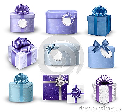 Set of colorful gift boxes with bows and ribbons. Vector Illustration